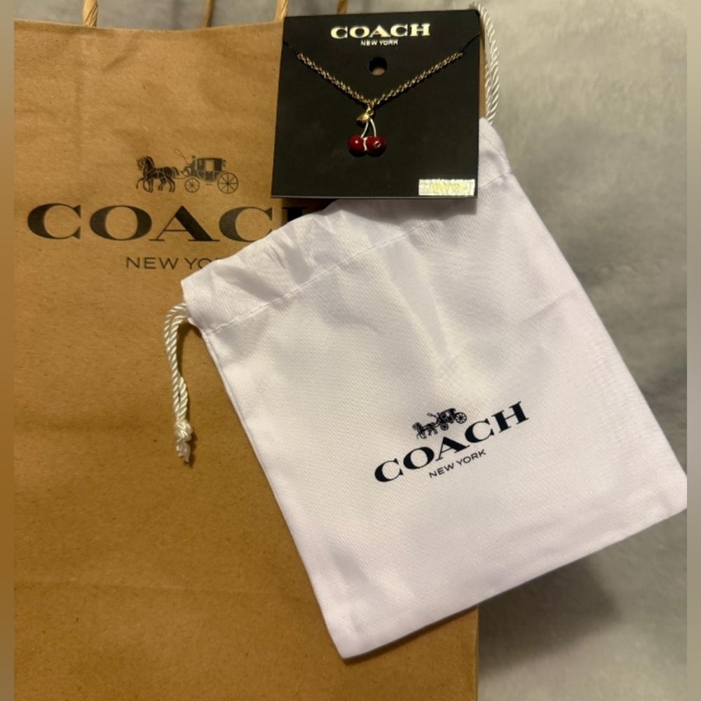 COACH Gold-Tone Cherry Pendant Necklace with Red Enamel - Picture 2 of 4